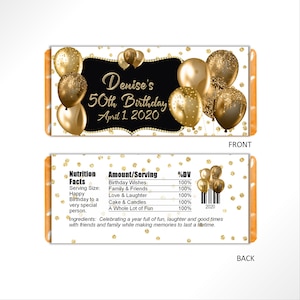 Personalized Candy Bar Wrappers, Gold Birthday Party Favors, Custom Hershey Bar Labels, Pack of 20, WRAPPERS ONLY
