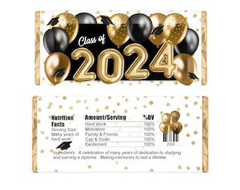 Graduation Candy Bar Wrappers, Hershey Bar Labels for Grad Party Favors, Class of 2024, Pack of 20, WRAPPERS ONLY, Several Colors Available