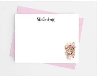 Lion Note Cards with Envelopes, Personalized Stationery Set for Girls, Pack of 12 Flat Notecards