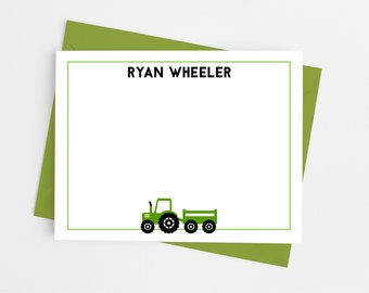 Tractor Stationery Note Cards with Envelopes, Custom Personalized Stationary Set for Boys, Pack of 12 Flat Notecards