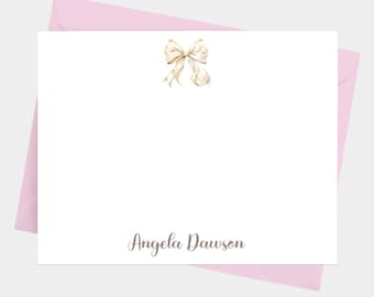 White Coquette Bow Note Cards with Envelopes, Personalized Stationery Set for Women, Set of 12 Flat Notecards