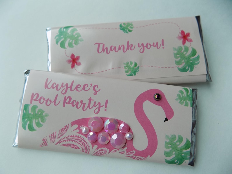 Baby Shower Birthday Pink Flamingo Candy Bar Favors with Bling Fully Assembled Personalized Candy Bar Wrapper for Bridal Shower