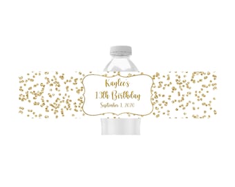 Glitter Confetti Water Bottle Labels, Personalized Birthday Party Favors, Sweet Sixteen, Pack of 25 Peel and Stick Waterproof Wrappers
