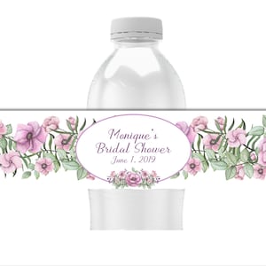 Purple Floral Water Bottle Labels, Personalized Bridal Shower Party Favors, Birthday, Pack of 25 Peel and Stick Waterproof Wrappers