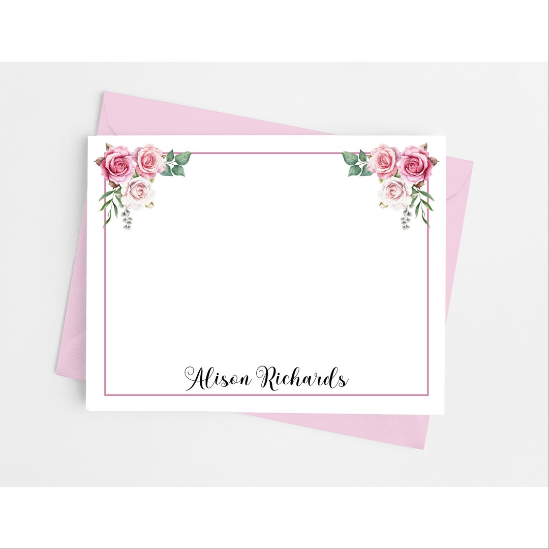 Pink Rose Note Cards With Envelopes, Personalized Floral Stationery Set ...