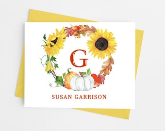 Sunflower and Pumpkin Floral Single Initial Monogram Stationary Note Cards and Envelope Set, Personalized Stationery, Pack of 10