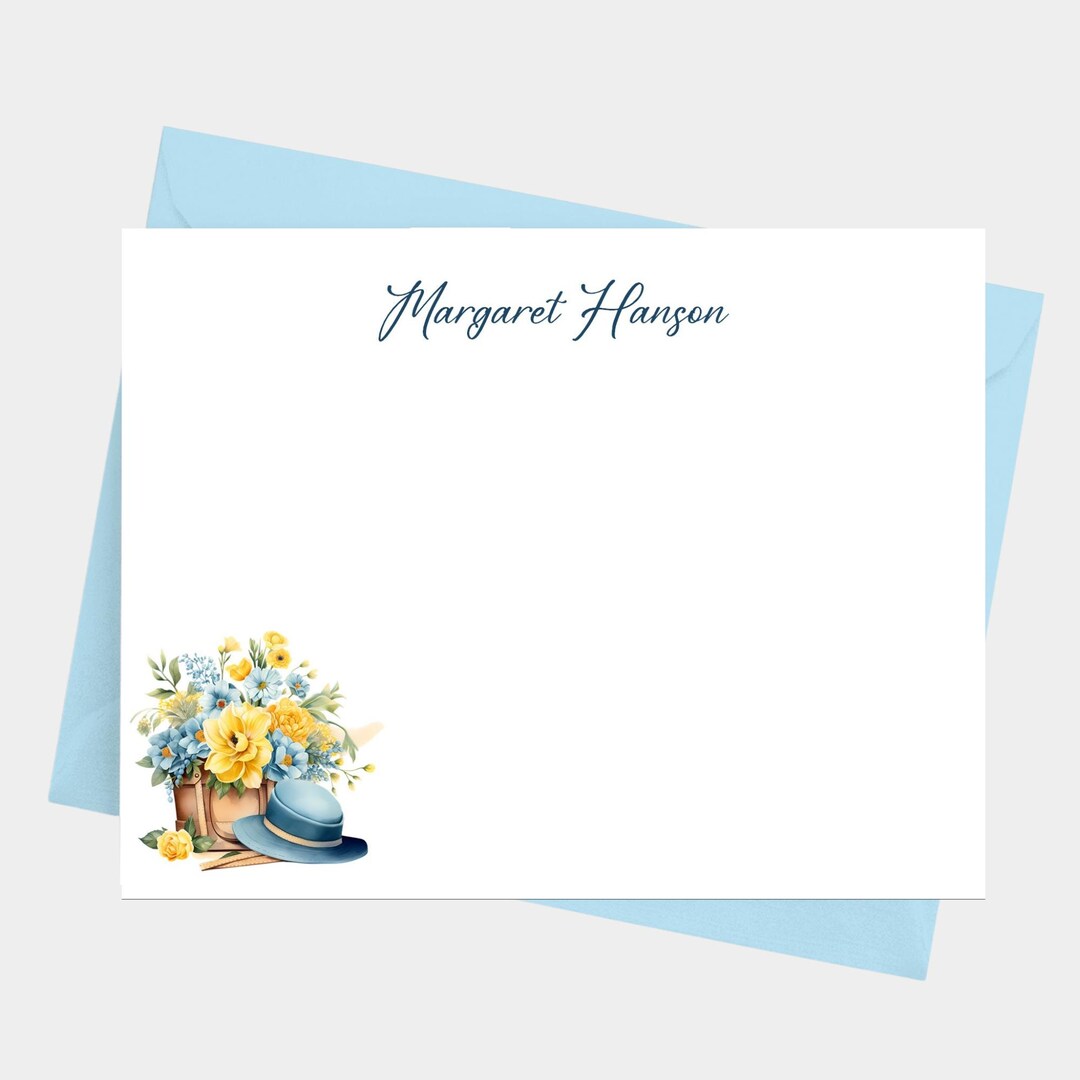 Blue and Yellow Floral Note Cards With Envelopes, Personalized ...