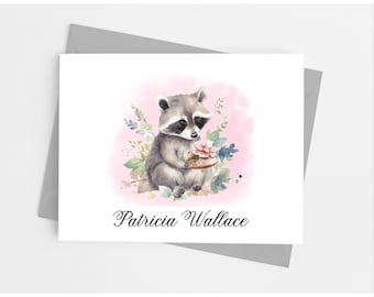 Raccoon Note Cards with Envelopes, Personalized Stationery Set for Women, Pack of 10 Folded Notecards