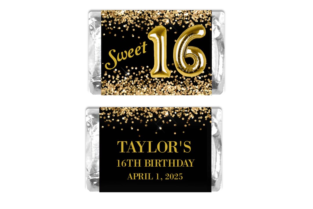 Sweet 16 Birthday Party Favor, Mini Personalized Candy Wrappers, Gold ...