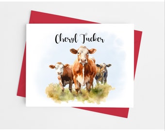 Cow Note Cards with Envelopes, Personalized Farm Stationery Set, Pack of 10 Folded Notecards