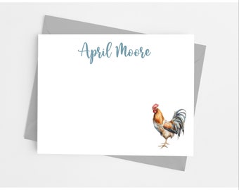 Rooster Note Cards with Envelopes, Personalized Farm Stationery Set, Pack of 12 Flat Notecards