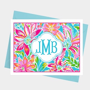 Monogram Note Cards with Envelopes, Personalized Stationery Set for Women, Preppy Blue Floral Pattern, Pack of 10 Folded Notecards