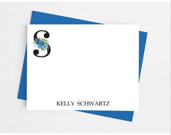 Single Initial Note Cards with Envelopes, Personalized Blue Floral Stationery Set for Women, Pack of 12 Flat Notecards
