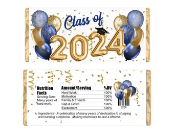 Graduation Candy Wrappers, Class of 2024, Party Favor Hershey Bar Labels, Pack of 20 WRAPPERS ONLY, Several Colors Available