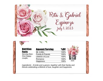 Pink Roses Personalized Candy Wrappers for Chocolate, Floral Party Favors,, Custom Hershey Bar Labels, Pack of 20, WRAPPERS ONLY
