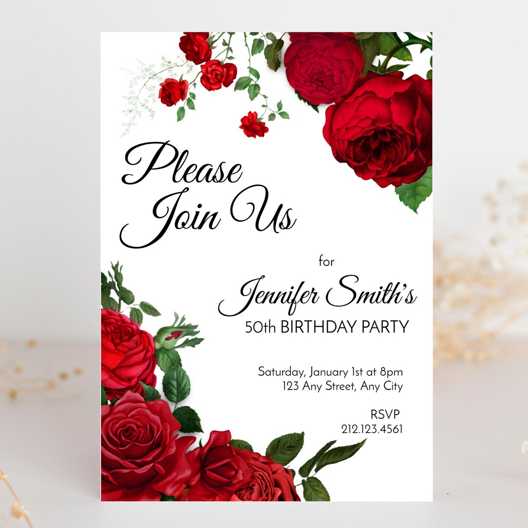 Red Floral Birthday Party Invitation, Editable Template, Printable ...