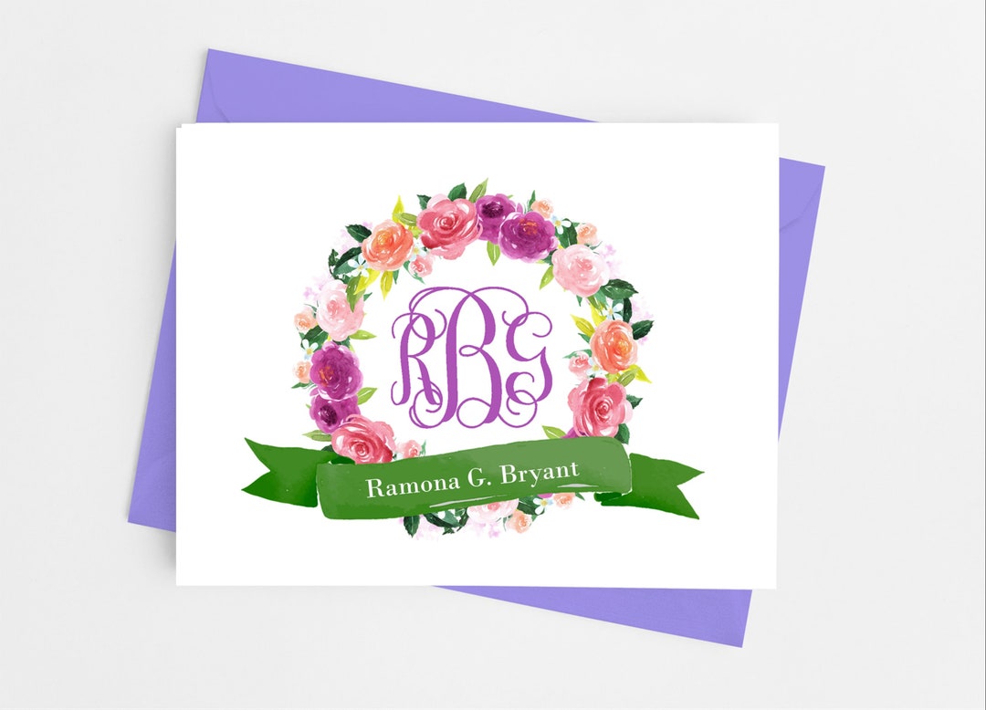 Floral Wreath Monogram Personalized Blank Folded Note Cards With ...