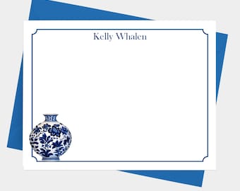 Chinoiserie Blue Vase Note Cards with Envelopes, Personalized Stationery Set for Women, Set of 12 Flat Notecards