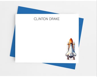Space Shuttle Note Cards with Envelopes, Personalized Stationery Set for Boys, Pack of 12 Flat Notecards
