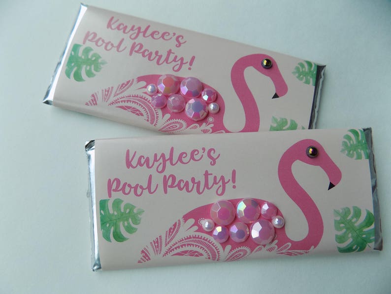 Baby Shower Birthday Pink Flamingo Candy Bar Favors with Bling Fully Assembled Personalized Candy Bar Wrapper for Bridal Shower