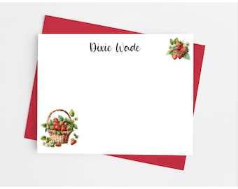 Strawberry Note Cards with Envelopes, Personalized Stationery Set, Pack of 12 Flat Notecards