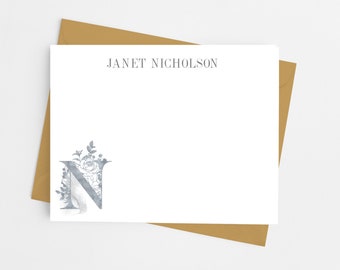 Single Initial Monogram Note Cards, Custom Stationary for Women, Stationery Set of 12 Flat Note Cards with Envelopes