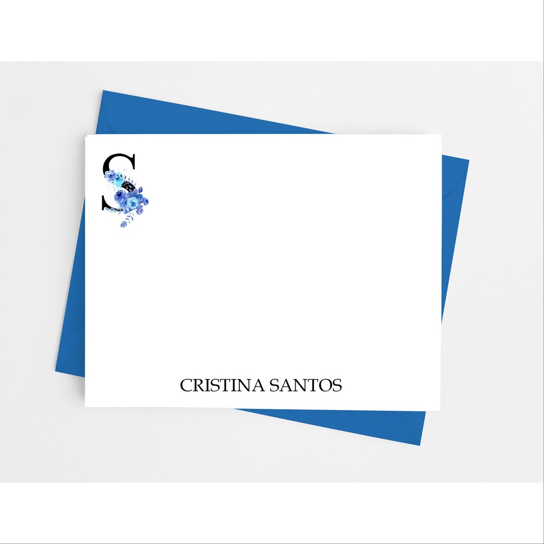 Blue Floral Single Initial Monogram Note Cards With Envelopes ...