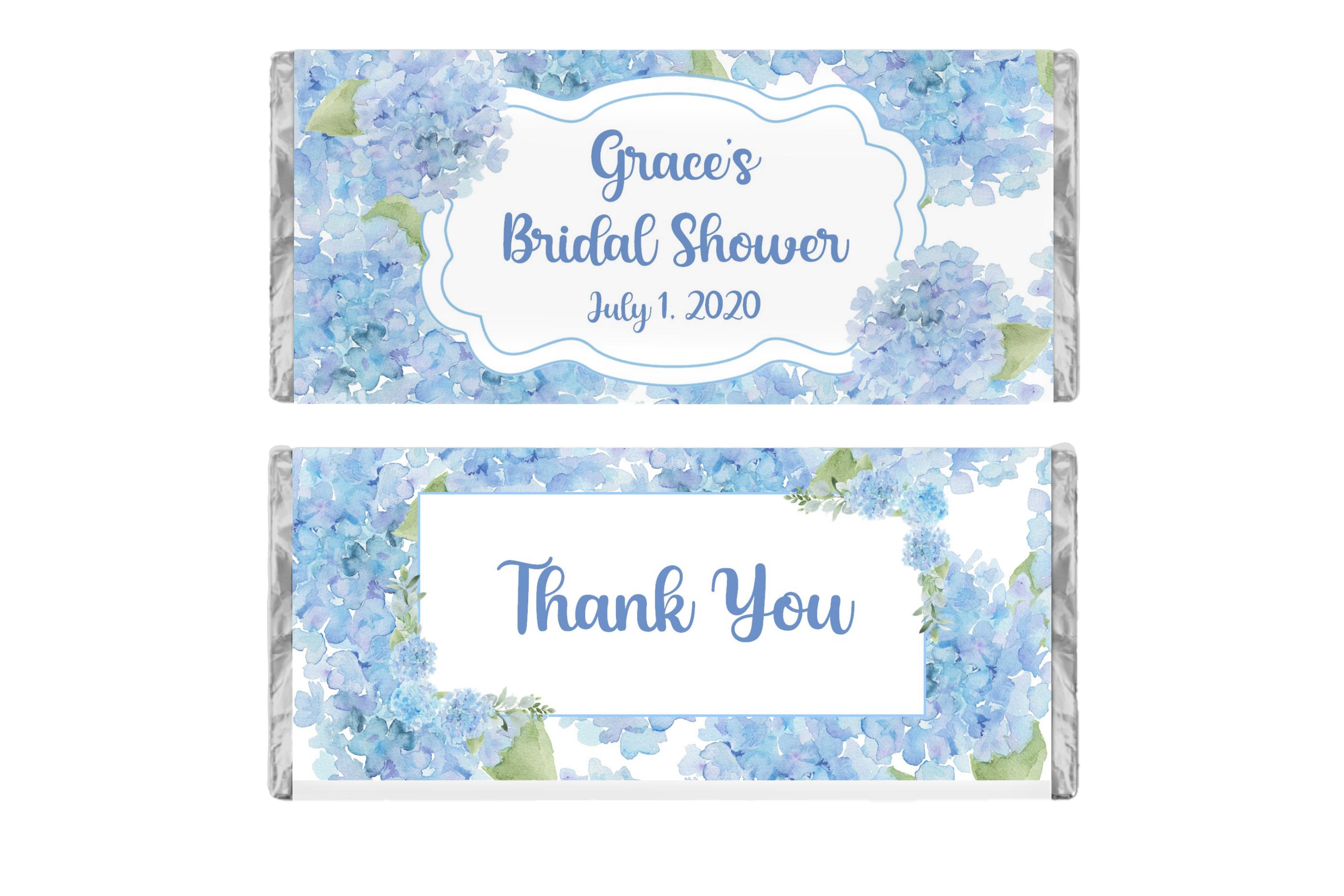 Blue Hydrangea Party Favors, Personalized Candy Wrappers, Floral Bridal Shower, Pack of 20 Custom Labels for Hershey Bars