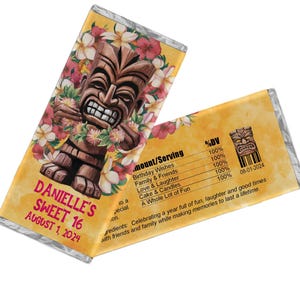 May include: Two rectangular chocolate bar wrappers featuring a yellow background with a brown tiki mask illustration surrounded by tropical flowers. The text reads DANIELLE'S SWEET 16 AUGUST 1, 2024 and includes a nutrition facts label with text.