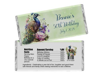 Peacock Personalized Candy Wrappers, Birthday Party Favors, Pack of 20 Custom Chocolate Bar Labels, WRAPPERS ONLY
