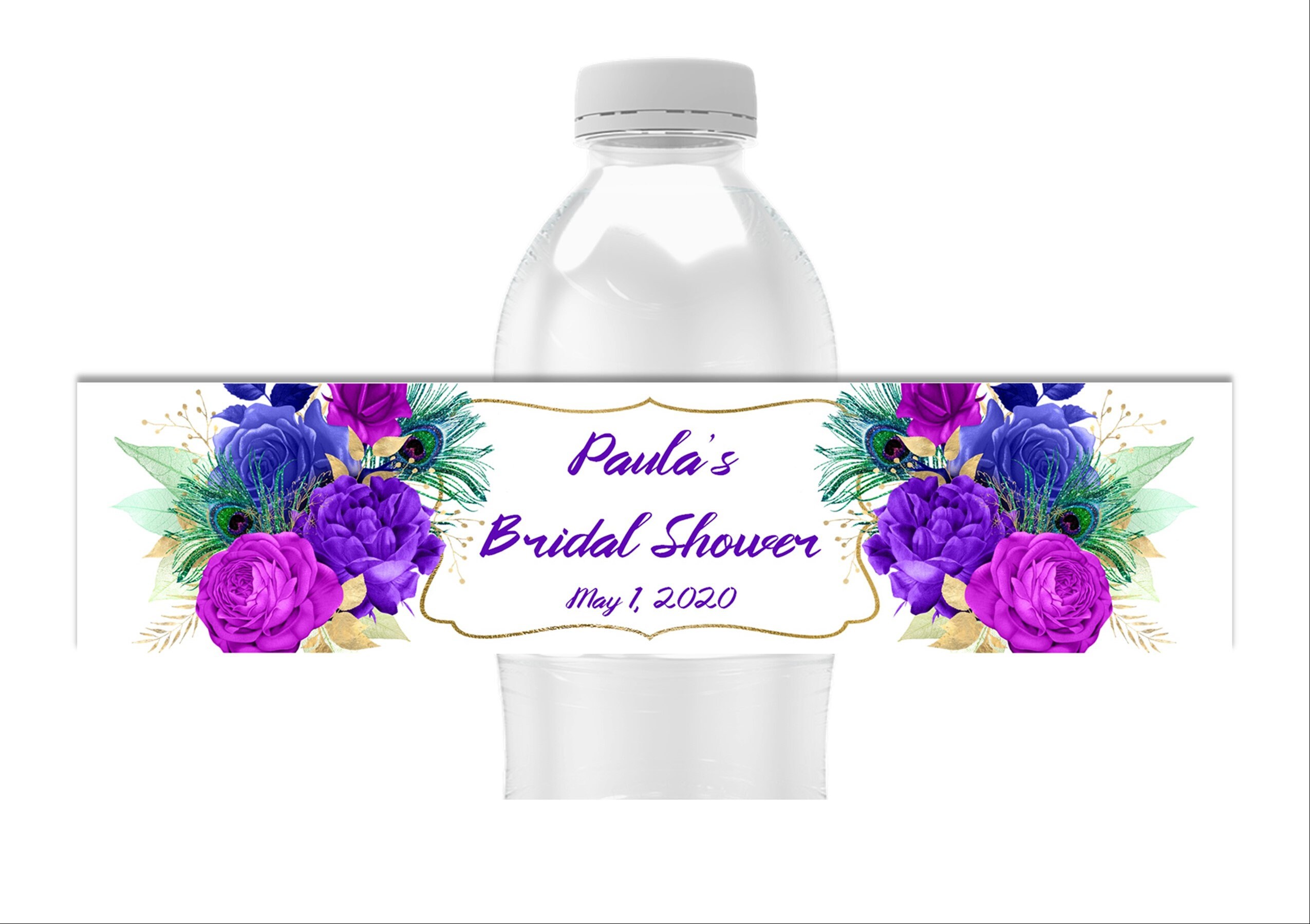 Purple Floral Water Bottle Labels, Personalized Birthday Party Favors, Bridal Shower, Pack of 25 Peel and Stick Waterproof Wrappers