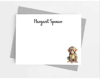 Monkey Note Cards with Envelopes, Personalized Animal Stationery Set, Pack of 12 Flat Notecards