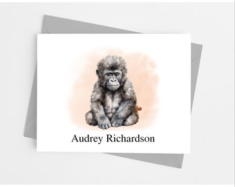 Gorilla Note Cards with Envelopes, Personalized Animal Stationery Set, Pack of 10 Folded Notecards