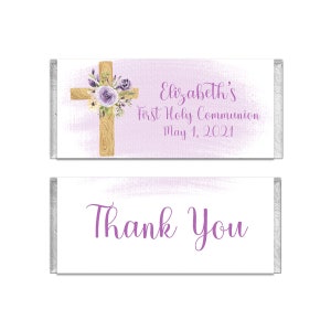 Purple Floral Cross, Religious Candy Bar Wrapper, Catholic Candy Wrapper, Personalized Hershey Bar Wrapper Party Favors