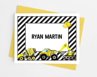 Construction Themed Folded Note Cards with Envelopes, Custom Personalized Stationery, Pack of 10