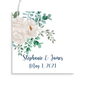 Personalized Party Favor Stickers OR Tags, White Floral Wedding, Custom Square Labels, Pack of 24 or 60, 2.5 Inch Square