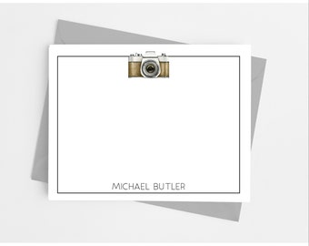 Vintage Camera Note Cards with Envelopes, Personalized Photography Stationery Set for Men, Pack of 12 Flat Notecards