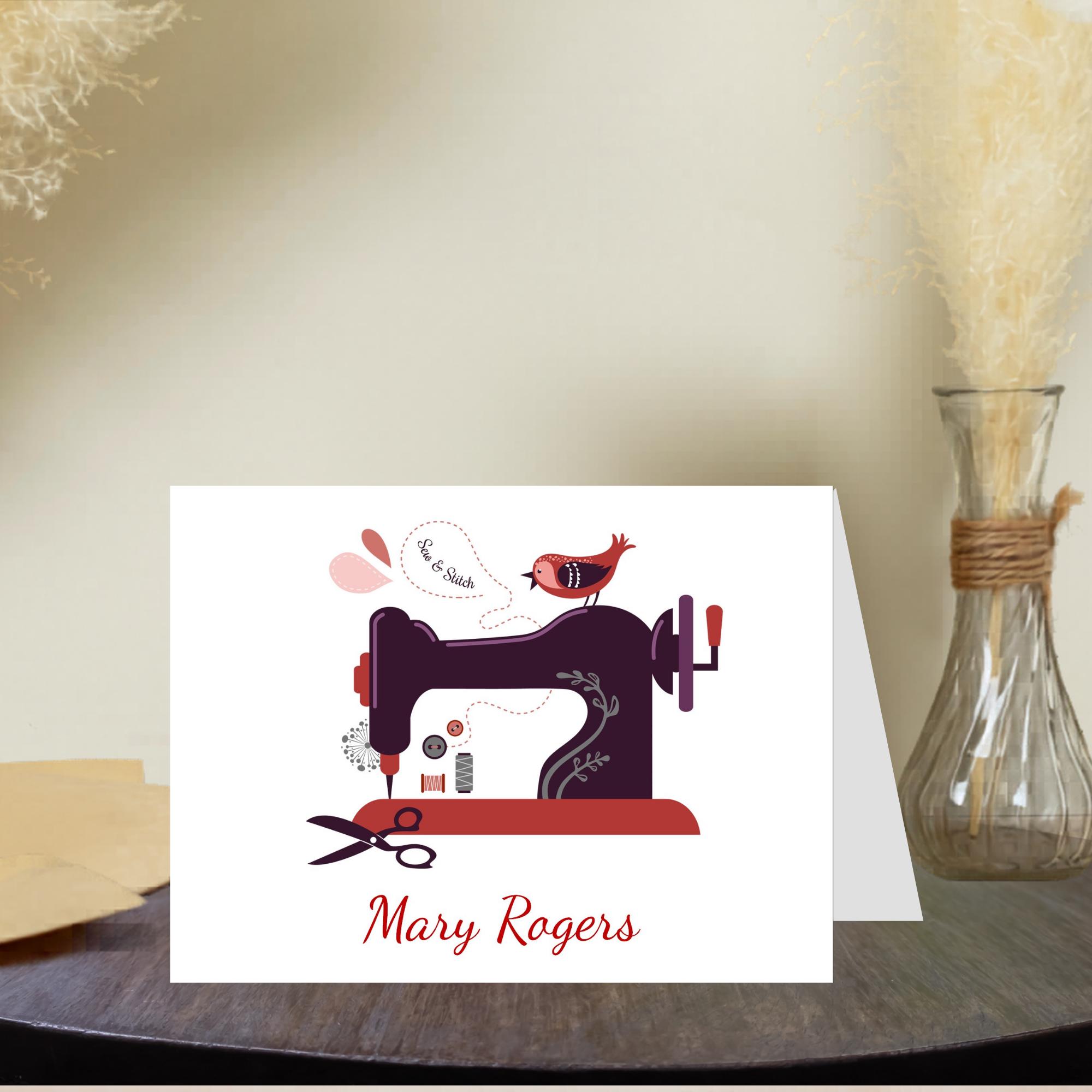 Retro Sewing Machine Note Cards, Set of 10 Personalized Blank Folded ...