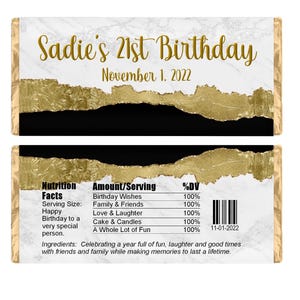 Gold Foil Pattern Personalized Candy Wrappers, Birthday Party Favors, Pack of 20 Custom Chocolate Bar Labels for Hershey Bars, WRAPPERS ONLY