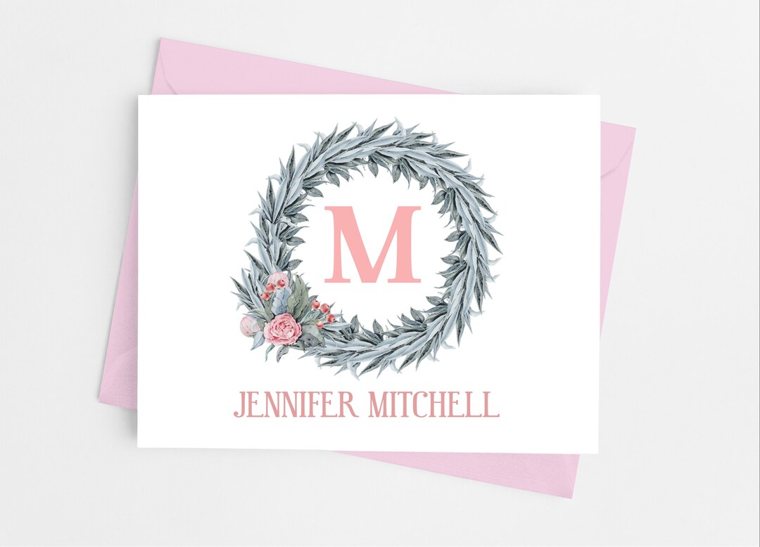 Floral Wreath Monogram Personalized Blank Folded Note Cards With ...