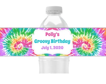 Pack of 25 Peel and Stick Waterproof Water Bottle Wrappers Personalized Labels for Kids Party Favors Tie Dye Pattern Water Bottle Labels 