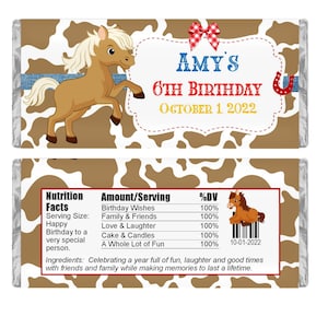 Cowboy Pony Personalized Candy Wrappers, Kids Party Favors, Pack of 20 Custom Chocolate Bar Labels for Hershey Bars, WRAPPERS ONLY