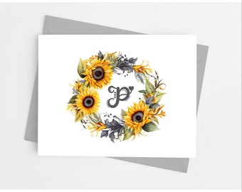 Sunflower Single Initial Note Cards with Envelopes, Personalized Floral Stationery Set for Women, Pack of 10 Folded Notecards