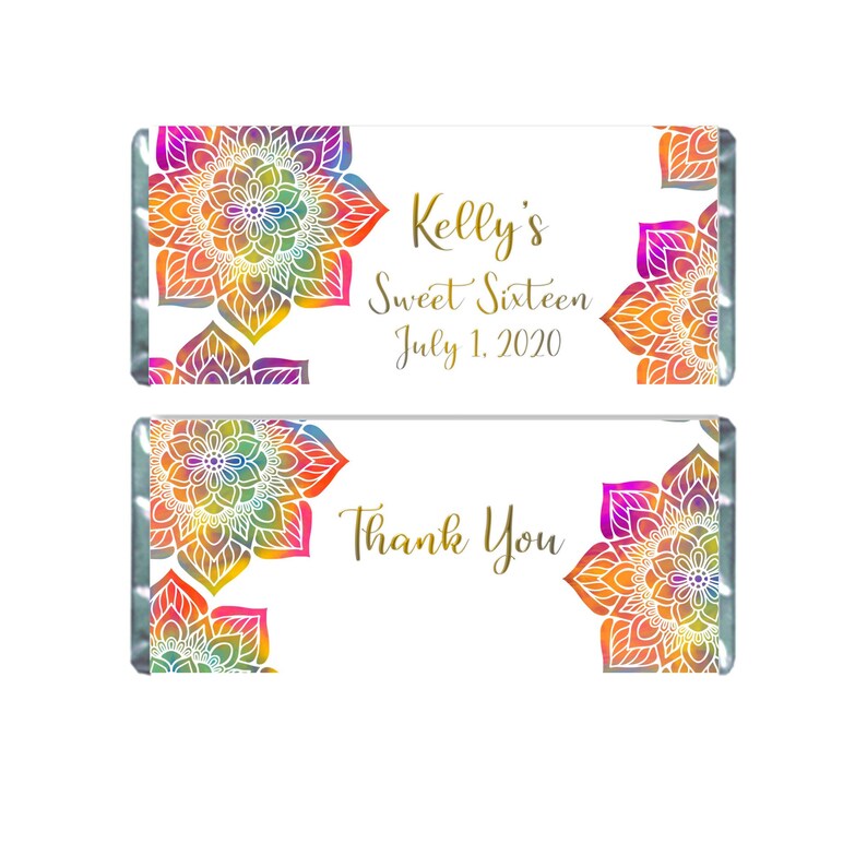 Personalized and Printed Hershey Bar Labels Rainbow Mandala Candy Wrapper for Chocolate Bar Favors