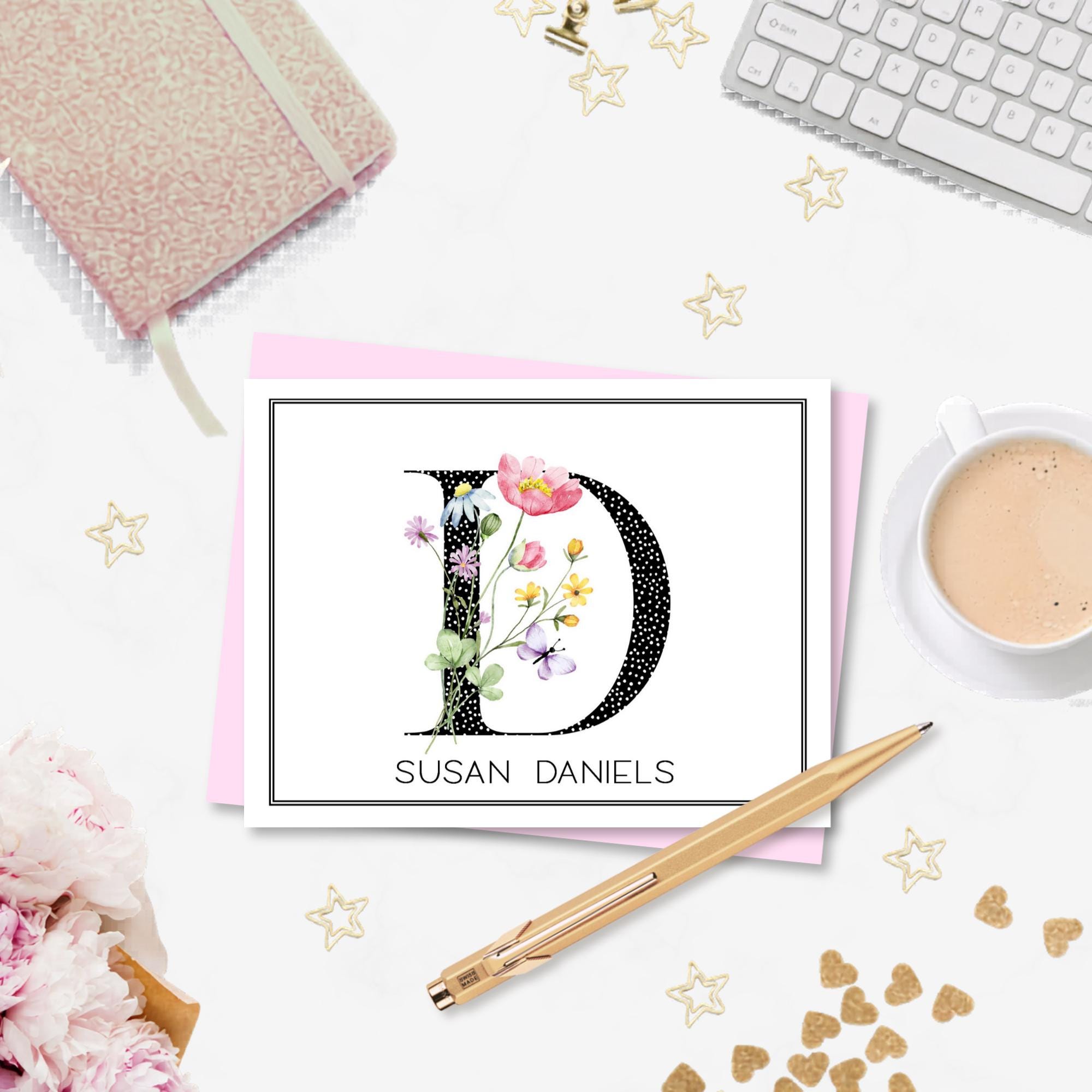 Floral Single Initial Monogram Note Cards With Envelopes, Personalized ...