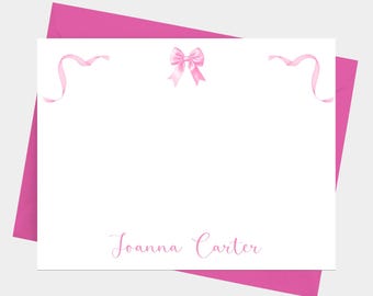 Pink Coquette Bow Note Cards with Envelopes, Personalized Stationery Set for Girls, Set of 12 Flat Notecards