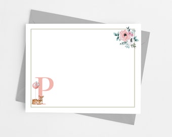 Single Initial Monogram Note Cards, Custom Stationary for Girls, Stationery Set of 12 Flat Note Cards with Envelopes