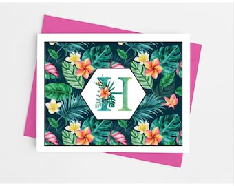 Single Initial Note Cards with Envelopes, Personalized Tropical Stationery Set for Women, Pack of 10 Folded Notecards