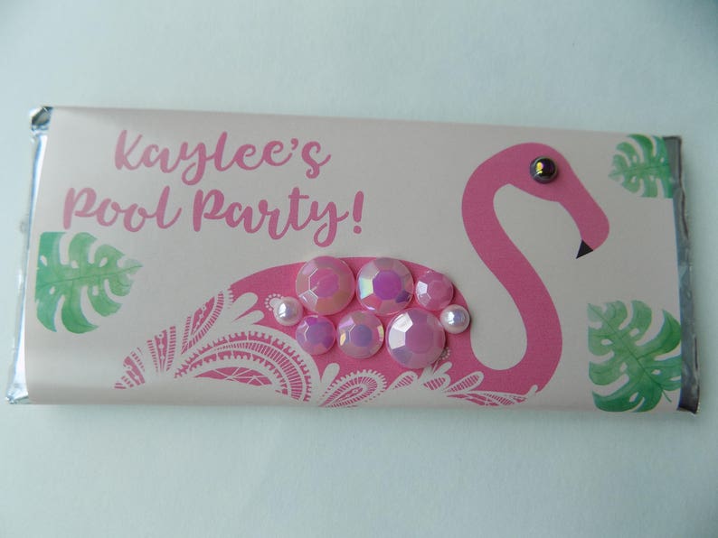 Baby Shower Birthday Pink Flamingo Candy Bar Favors with Bling Fully Assembled Personalized Candy Bar Wrapper for Bridal Shower