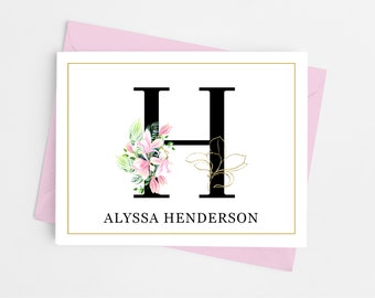 Single Initial Monogram Stationery Note Cards with Envelopes, Pink Floral, Custom Personalized Stationary Set For Women, 10 Folded Notecards